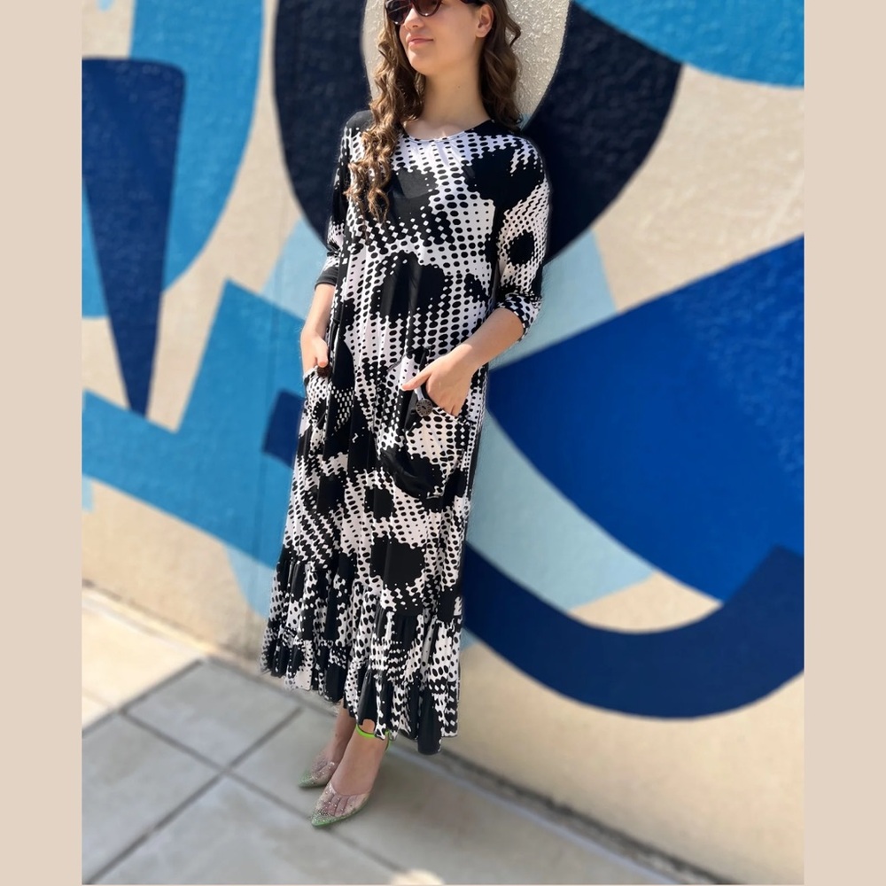 Black and White Casual 3/4 Sleeve Sundress